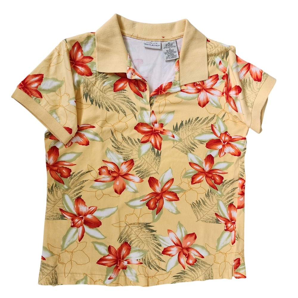 White Stag Yellow Tropical Floral Polo‎ Shirt Womens Medium Stretch Short Sleeve